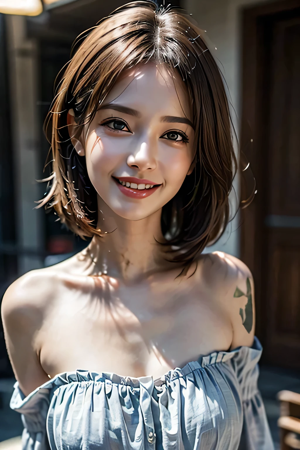 ((Realistic Light, Highest quality, 8k, Tabletop: 1.3)), 1 girl,  (Orgasm Facial), Slim body beauty: 1.4, Brown Hair, (Orgasm Facial), (((Extra Large: 1.3)), Off-the-shoulder cut top: 1.3, Highly detailed face, fine grain, double eyelid, My Room, smile, Cleavage, Saggy breasts, (((beauty of Saggy breasts))