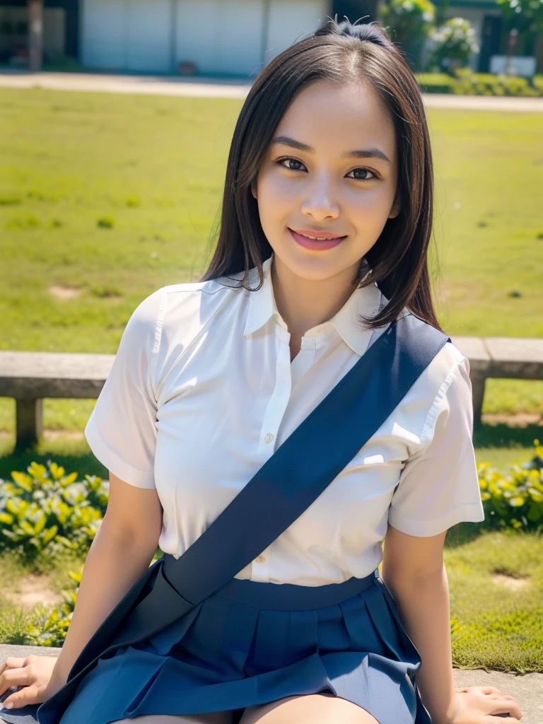1girl, solo, (Indonesian_high_school_uniform), sitting, outdoors, cute pose, (ultra wide angle shot: 1.4), beautiful scenery, detailed face, little smile, detailed eyes, thick breasts, slim fit body, smooth skin, tight white shirt, blue grey short skirt, looking at the audience, low angle shot,(8k, RAW photo, best quality, masterpiece: 1.2), (realistic, realistic: 1.37), ultra-high resolution