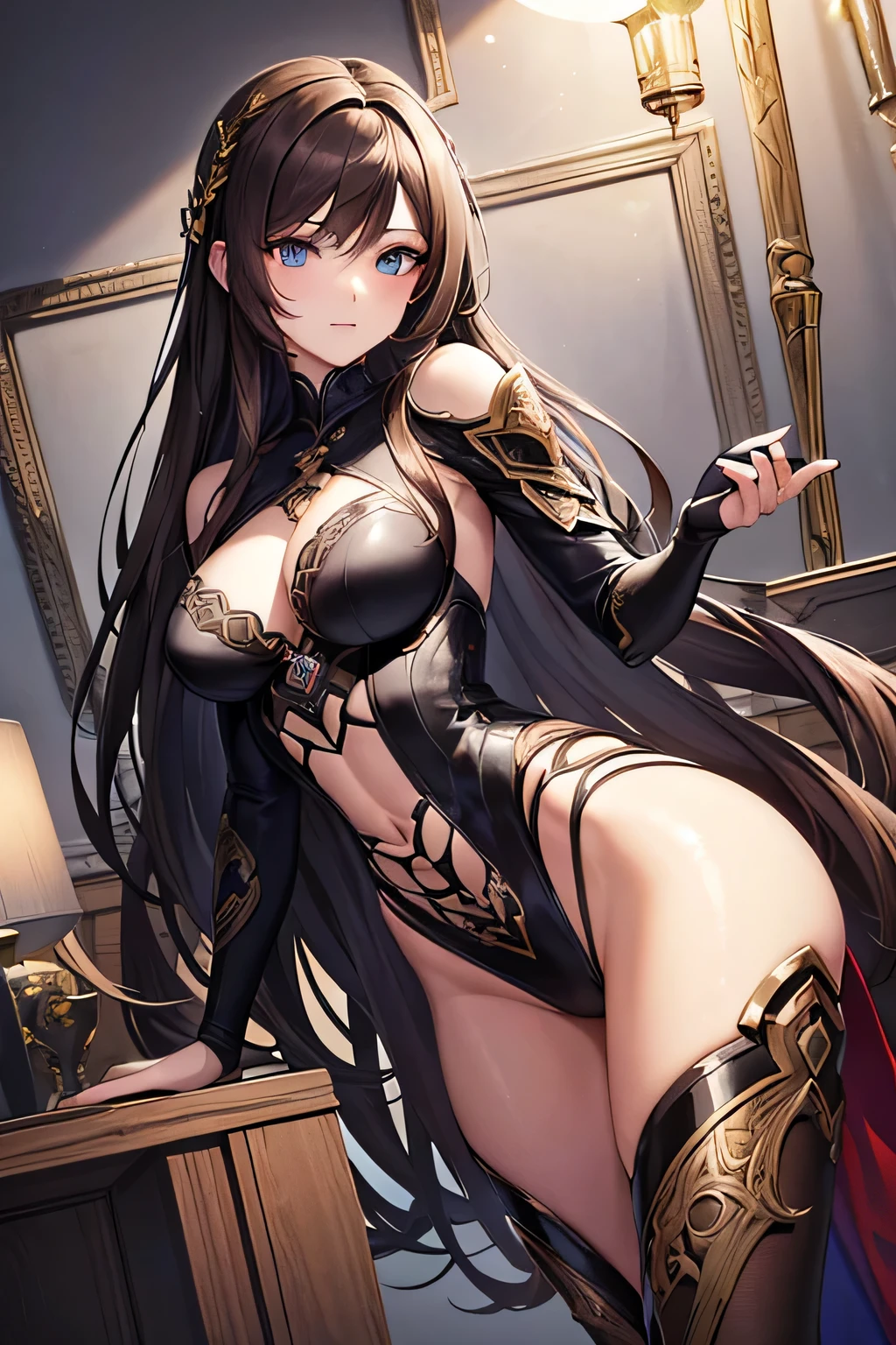 masterpiece, top quality, super detailed, high resolution, (ink painting style), excellent anatomy, beautiful 1 woman, software, colorful, alone, brown hair, blue eyes, long hair, hair tube, medium breasts, abstract background, indoor background, (halftone), best light, best shadow, mysterious, perfect face, highly detailed,