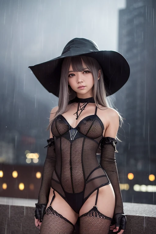 (Best Quality, mesa),( Dark Sky, Heavy Rain, in a city, ), realist background, 2112, light*_negro_particle,premium,mesa,Alone,cosplay de halloween,Large wing cap,１４cute girl of the year,((Jack-o&#39;-lantern,Orange pumpkin:1.3､Peeling candle,Sailing bola))),the bats,flying bats,long shot, (low angles), (From top to bottom), realist scale,Significant contraction:1.5、Realistic photos、Super detail, realist, Super realistic, Realistic representation, (((dark room:1.3))),professional photographer