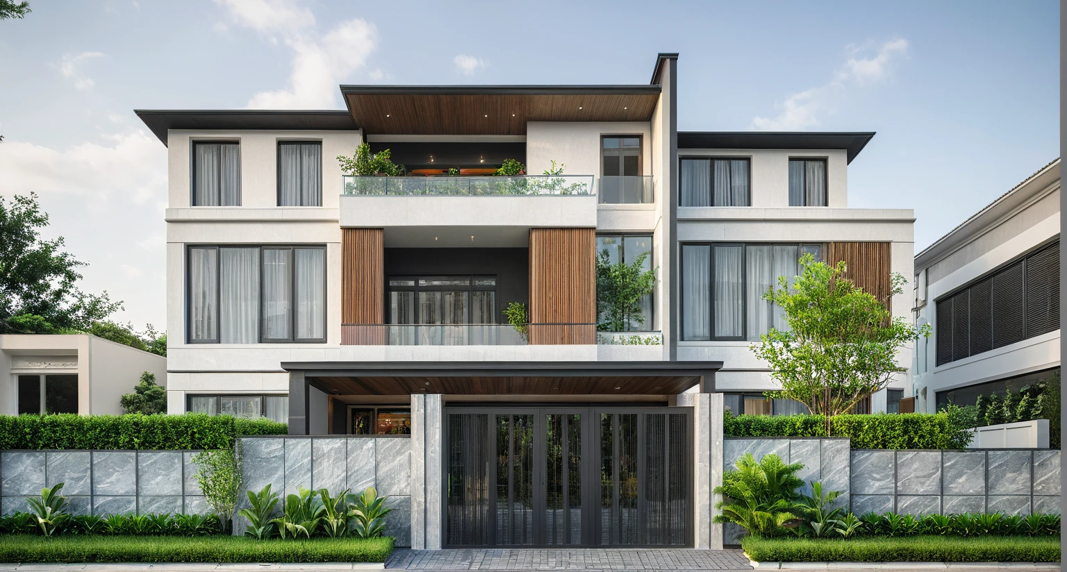 modern villa on street, (daylight), tropical tree, green shrub and plants, vivid color, streetcapes, minimalist design, brigth grey tone, large glass door, warm interior lighting, modern material, best quality, ultra realistic, masterpiece, 17ArchiAI_XL_VL-v1
