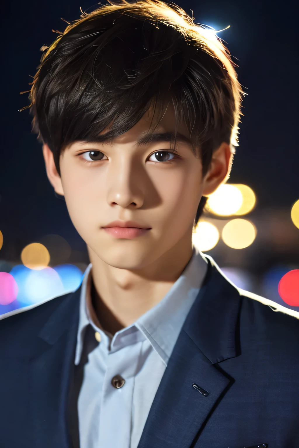 Highest quality, masterpiece, Ultra-high resolution, (Realistic: 1.4), Original photo, wallpaper, Head Photo, skin, Simple Background, Iris, detailed, Selfie, 1 boy, 18-year-old, good looking, Wind,night、blazer