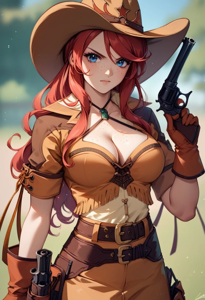 score_9, score_8_up, score_7_up, very aesthetic, source_anime, detailed, high quality, beautiful, masterpiece, detailed eyes,
sunny weather, blurry background,
cowboy shot, upper body, angry facial expression, mouth closed
gemini sunrise, red hair, long hair, blue eyes, freckles, sidelocks, big breasts, cleavage
belt, thigh strap, cowboy hat, cowboy boots, fringe trim, gloves, miniskirt, revolver gun, zPDXL