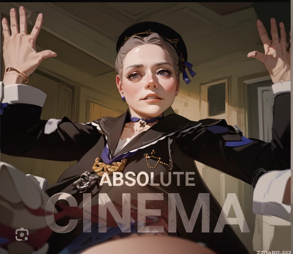 hands facing forward, hands away from head, aherta, long hair, grey hair, hair flower, beret, black headwear, joints, choker, key, sailor collar, shoulder cutout, white dress, detached sleeves, herta, star rail herta, madam herta, star rail, arms up, absolute cinema meme, arms, front, front body, front body, hands up, front arms up, mature body, indiferent face, boring face, two arms only, two hands only, arms up absolute cinema meme, hands away from head, visible hands, hands facing forward