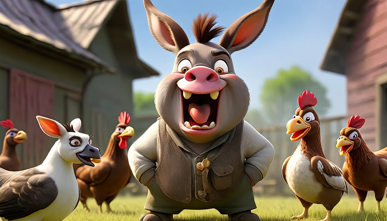 an angry hen with a pistol in her hand and she is coming to the camera, a pig is beside the hen in right hand side and he is angry, pig is fat, pig has a gold thick necklaces, a sunglasses on the pig's eyes, a cigarettes in the ping's mouth, an shotgun in the pig's hand, a donkey is beside the hen and he is in left hand side, donkey is laughing, donkey weared a basketball suit, an ak47 in the donkey's hand, the environment is a farm, enemies are surrounded the hen and donkey and ping, enemies are hens and cats.