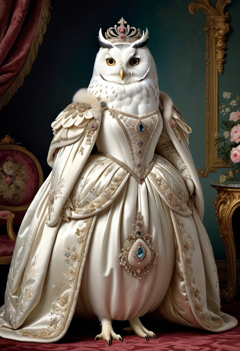 photorealistic portrait of Dressed animals - a ((fat)) (white owl) princess, (furry),(full body image:1.5),(elegant pose:1.5) Wearing luxury sack-back gown,(wearing luxury tiara),(hands on hips:1.5),(happy),(smile:1.5), Old-fashioned luxury loyal dress, detailed and opulent description of a loyal aristocratic sack-back gown in Rococo , emphasizing luxurious fabrics, intricate embroidery, and ornate accessories, Rococo style king palace  background,(looking at viewer:1.5),score_9, score_8_up, score_7_up, score_6_up, score_5_up, score_4_up,