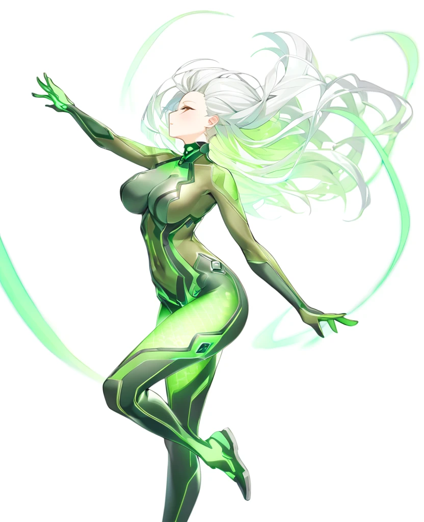 A naughty girl with a green wind motif,Pure white background,See-throughボディスーツ,Transparent skin,Little exposure,セクシーなSee-throughボディスーツ,エスニックdesigner bodysuit,ＳＦdesigner bodysuit,Green wind pattern,Green glowing pattern,See-through,whole body、Girl floating in the air,Accentuated body lines､Large Breasts,Sexy Design,Accentuated breasts,Almost naked,whole bodyのクローズアップ,Shiny bodysuit,Accentuated crotch,Pronounced nipples