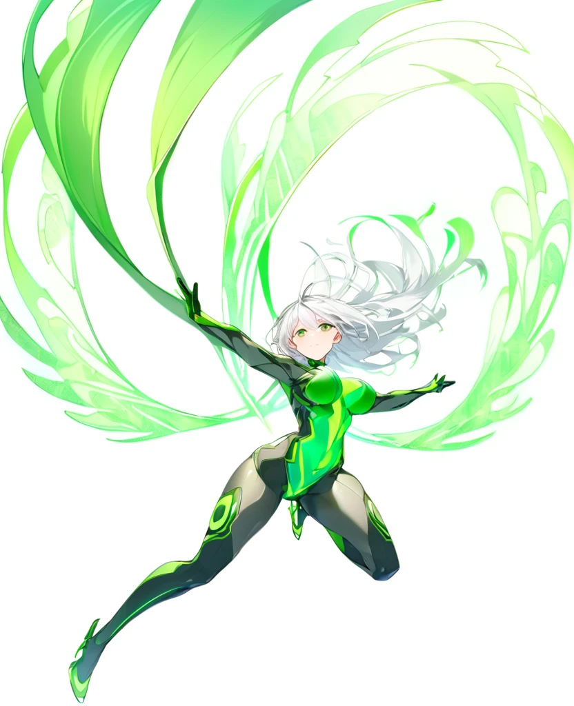 A girl with a green wind motif,Pure white background,セクシーなSee-throughボディスーツ,エスニックdesigner bodysuit,SFdesigner bodysuit,Green wind pattern,Green glowing pattern,See-through,whole body、Girl floating in the air,Accentuated body lines、Large Breasts,Sexy Design,Accentuated breasts,Almost naked,whole bodyのクローズアップ,Shiny bodysuit