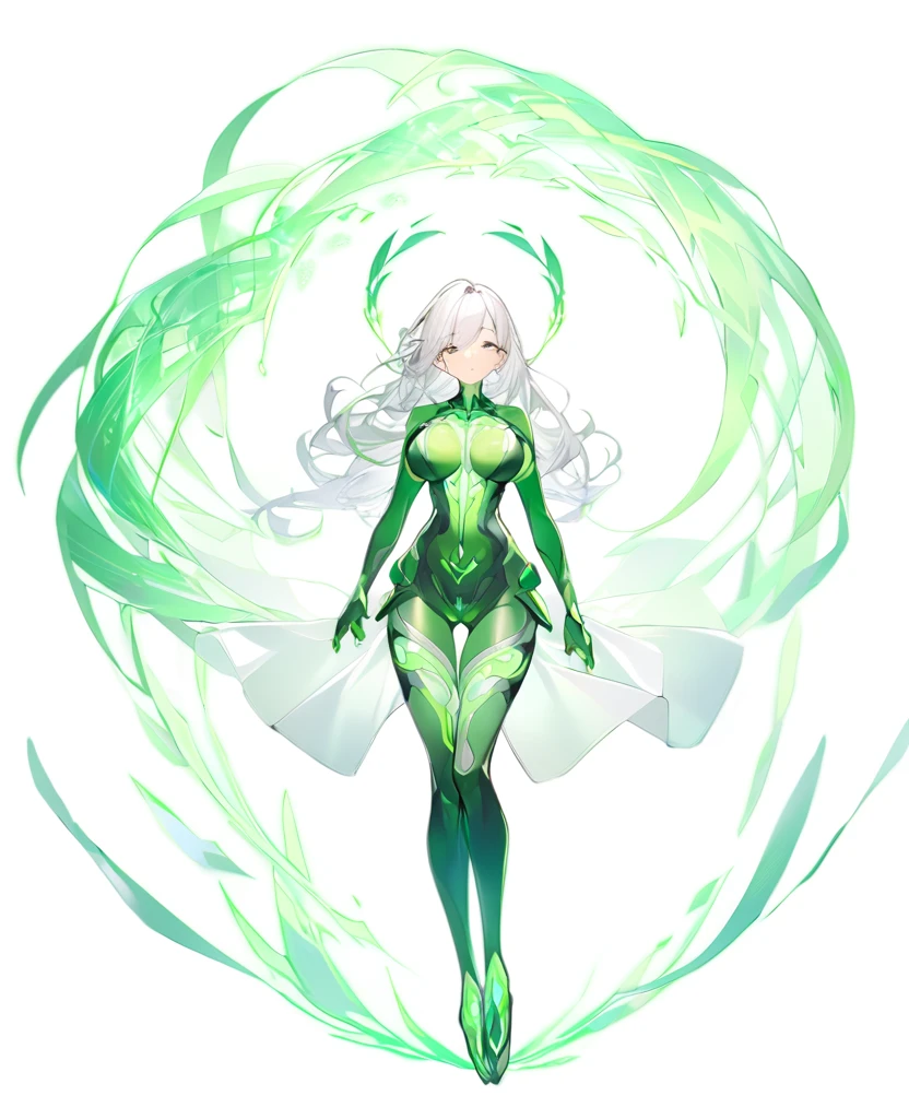 A girl with a green wind motif,Pure white background,セクシーなSee-throughボディスーツ,エスニックdesigner bodysuit,ＳＦdesigner bodysuit,Green wind pattern,Green glowing pattern,See-through,whole body、Girl floating in the air,Accentuated body lines､Large Breasts,Sexy Design