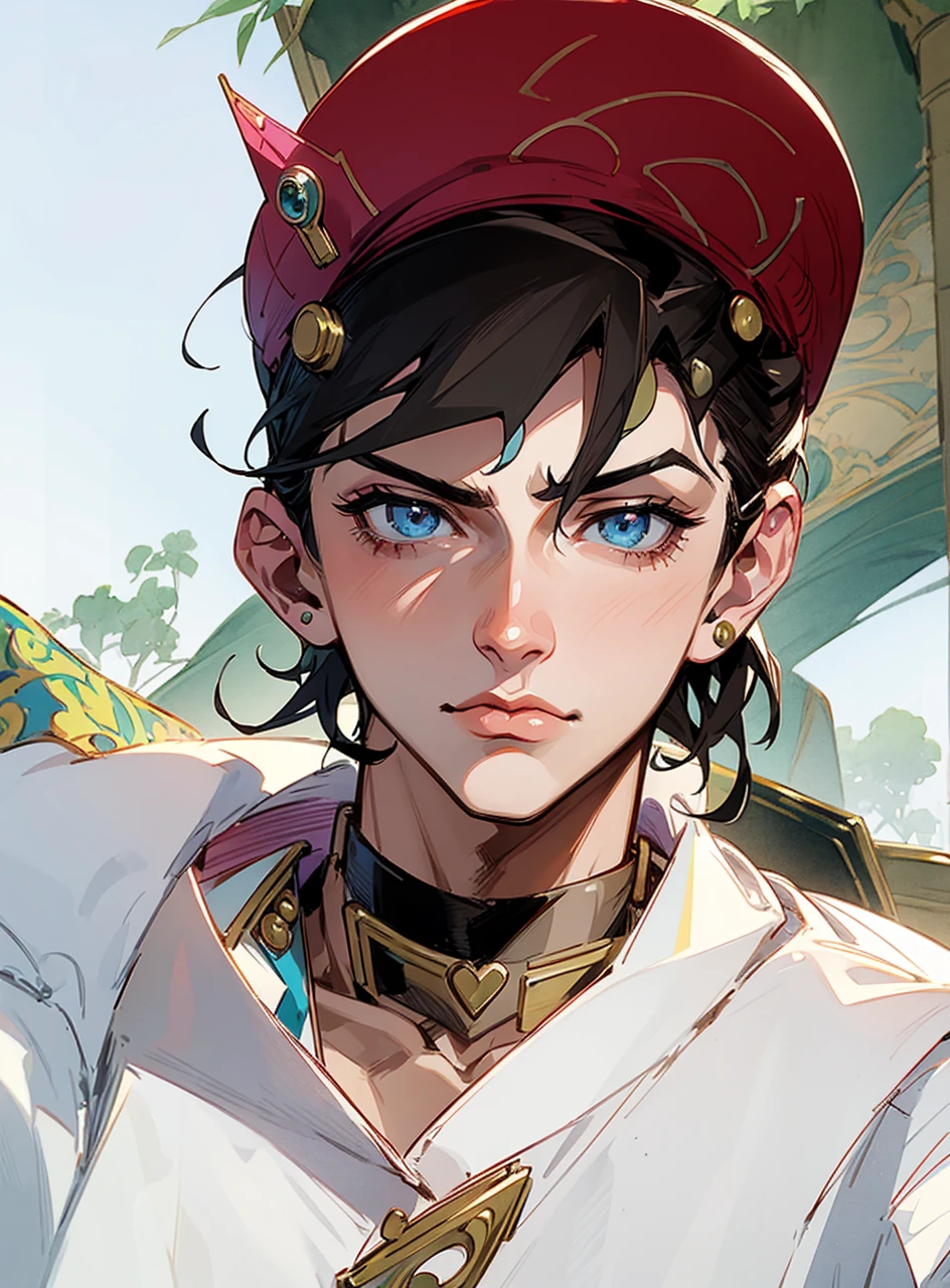 (jotaro kujo) in the style of hirohiko araki,zoomed in on face, focused on face, blue highlights,looking at viewer, watercolor, manga, aristocratic youth, jojo's bizzare adventure 