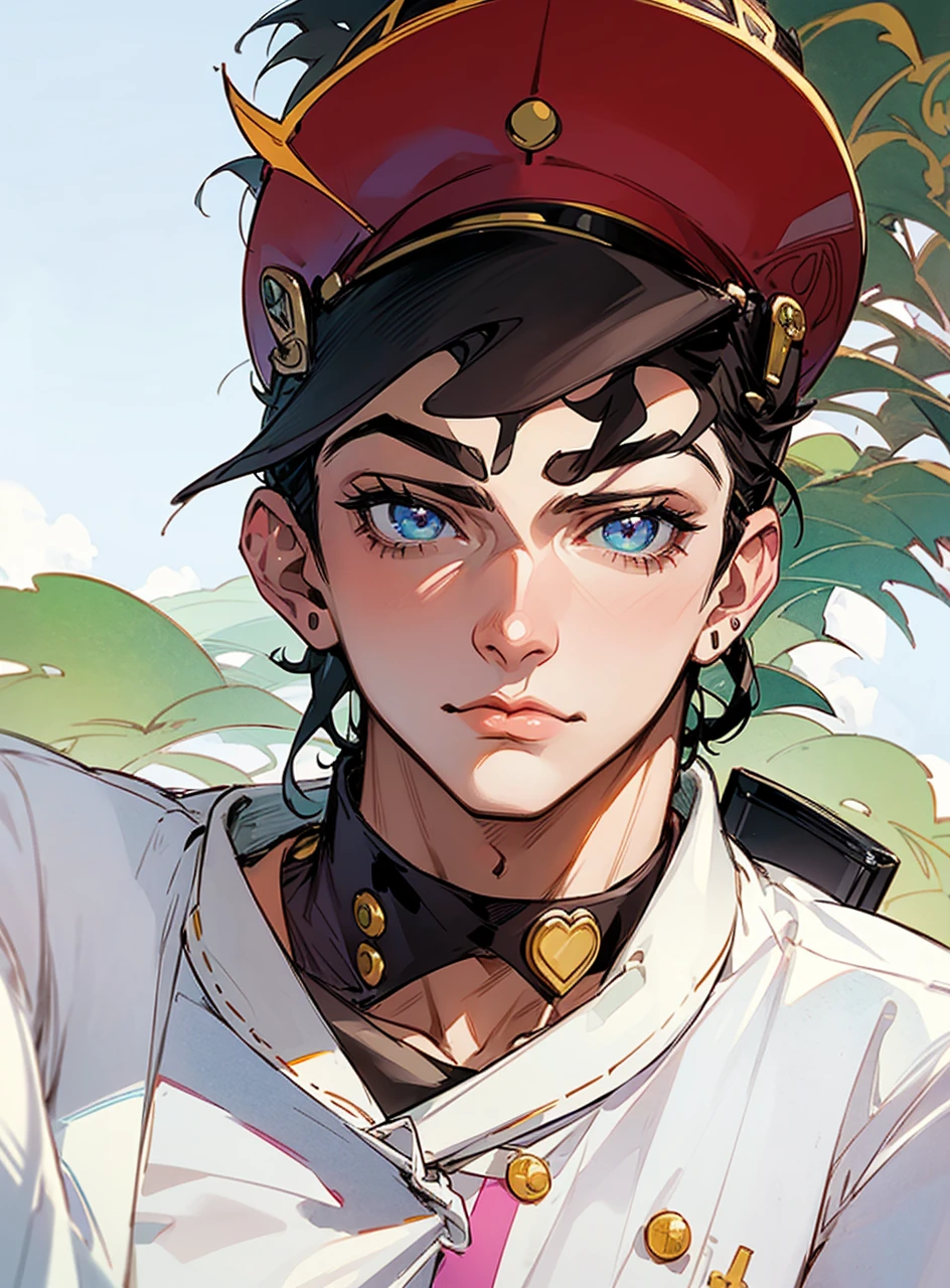 (jotaro kujo) in the style of hirohiko araki,zoomed in on face, focused on face, blue highlights,looking at viewer, watercolor, manga, aristocratic youth, jojo's bizzare adventure