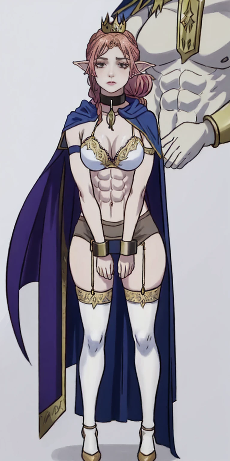 extremely long hair, ponytail, perfect anatomy 1 girl tall solo, slim thick ((muscular)) high elf full body toe to head toned body, silver breast plate, blue cape, slendered abs, hourglass waist, detailed face, defined cheekbones, puffy lips, gauntlets, gold crown, shadow over eyes, looking at viewer, masterpiece, white thigh highs lingerie, high heels, slave metal collar choker neck bell shackles wristbands bracers bracelets sleeves (plain background)