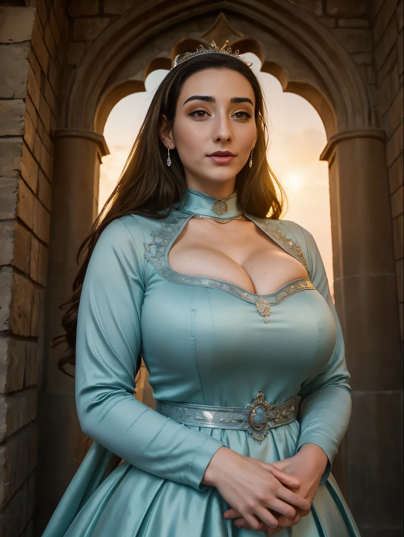 Beautiful and regal, imperious and aloof, busty athletic (thin) brunette queen with sharp facial features wearing a modest updo, dark red medieval dress, long sleeves, wide neck, crown, veil, long dress, modest dress, tight bodice, (silver waist chain), medieval jewelry, Middle Ages, castle, rampart, wall, exterior, on top of a castle wall, trees, countryside, evening, sunset.