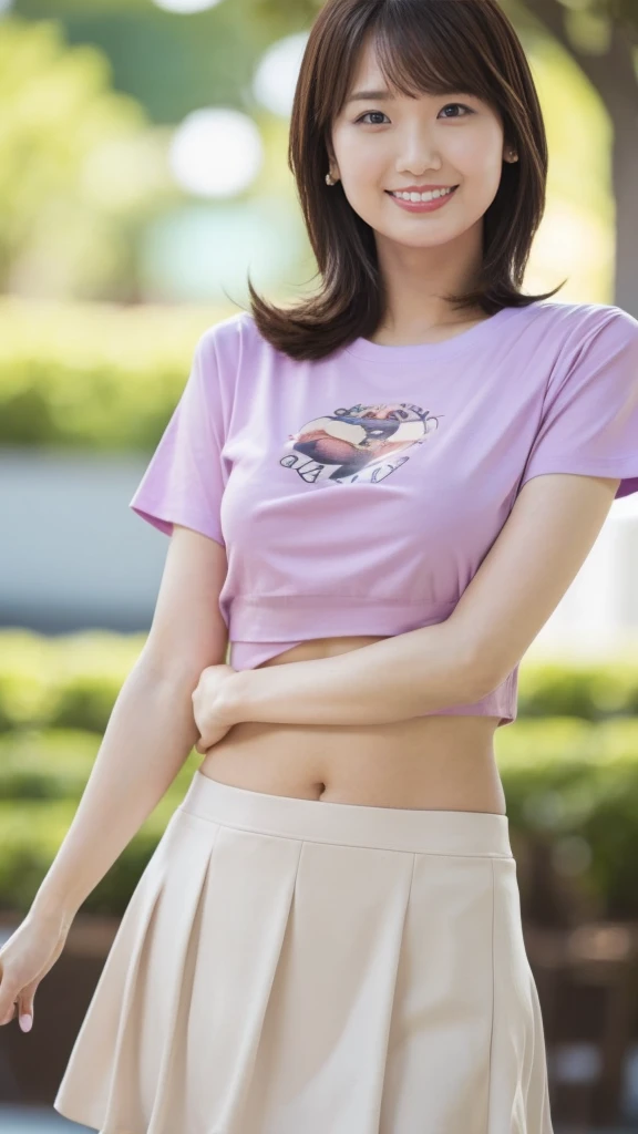 masutepiece, Best Quality, Photorealsitic, finely detail, hight resolution,beautiful japanese woman,beautiful detailed eyes, beautiful detailed lips, extremely detailed face, small head, small areola, cinematic lighting, photorealistic, 8k, high quality, hyper detailed, look at me,smile,(t-shirt:1.4),(office),(medium breasts:1.2),(inoueseika),slender,beautifull legs,(sexy posing:1.2), (bokeh:1.3), (upper body),(mini skirt), (underboob:1.4)