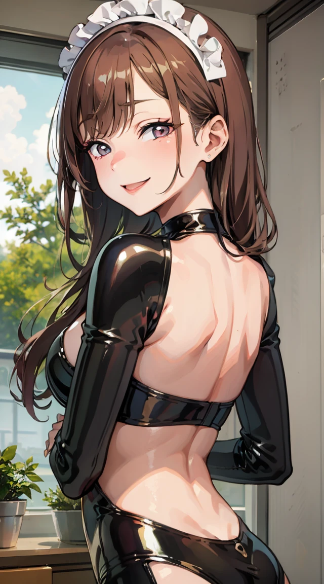 Marin Kitagawa,Maid, latex clothes, A beautiful smile, teasing,smug,((back)),