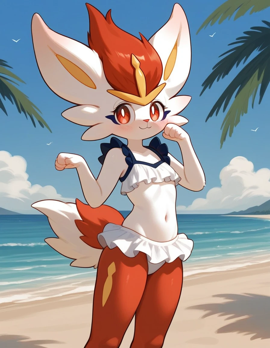 alone, score_9,score_8_up,score_7_up, anthro female cinderace, wearing frilly white bikini, standing, beach background, cute pose, shy smile, blushing.