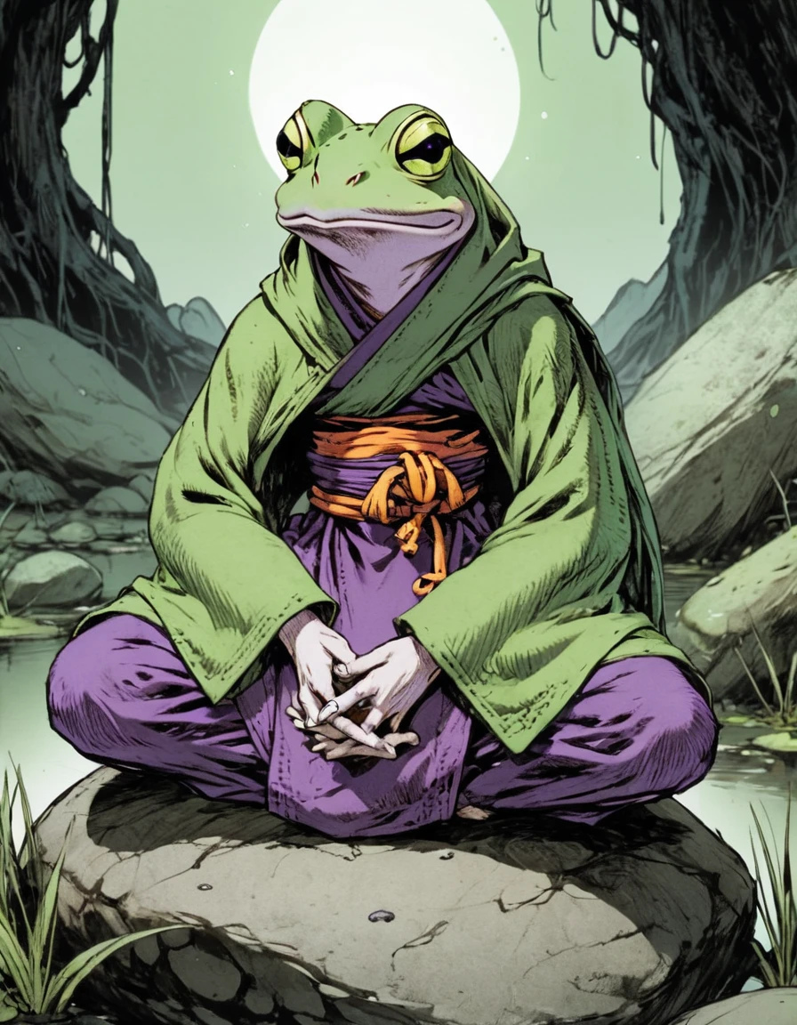 (sketch art, concept art:1.4),(masterpiece rough sketch drawing), best quality, solo closeup, meditating frog monk, purple skin, green eyes, dark green monk outfit, (Akihiko Yoshida Style), high contrast, space theme, grunge, punk rock, swamp, sitting on a rock