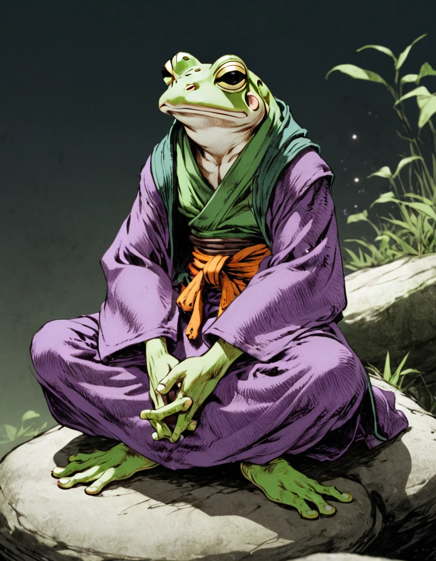 (sketch art, concept art:1.4),(masterpiece rough sketch drawing), best quality, solo closeup, meditating frog monk, purple skin, green eyes, dark green monk outfit, (Akihiko Yoshida Style), high contrast, space theme, grunge, punk rock, swamp, sitting on a rock