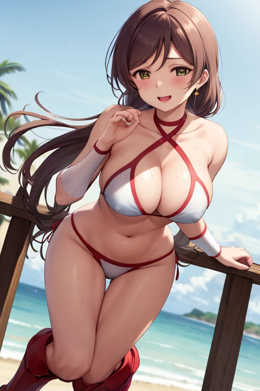 masterpiece, best quality, beautiful art, high resolution, well formed hands, body and fingers, 1 woman, solo, Nozomi Toujou, full body picture, grown up, adult, large and rounded breasted, cleavage, hair ornament, wearing a Tyris Flare outfit ,  white_bikini, full body, sexy and skimpy  bikini, gorgeous  hips, legs and thighs bouncing breasts, red boots, fighting in a combat match, showing her fighting skills, making her guard, about to hit the viewer, looking at the viewer,   sweating, bouncing breasts, smiling joyfully and brightly, being confident and proud, action and fighting scene, fighting cage on beach environment.   