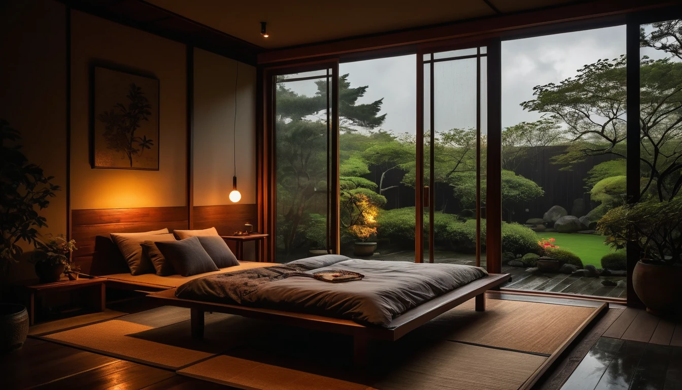 arafed bed in a room with a large window and a wooden bench, quiet and serene atmosphere, inspired by Itō Jakuchū, cozy and peaceful atmosphere, lush japanese landscape, kyoto inspired, dimly lit bedroom, serene bedroom setting, japanese house, bed room, moody ambiance, japanese style, soothing and cozy landscape