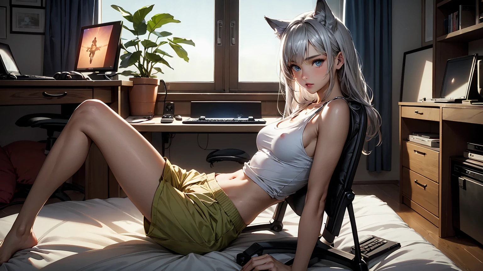 Create a high-quality image of a stunning 18-year-old wolf girl with tan skin. She has long silverish hair and captivating blue eyes, wearing a see-through tank top that shows her midriff barely covers her nipples and tight sleep shorts. She is sitting on the edge of her bed in a dimly lit, modern room with the window open, letting in a gentle night breeze. Her posture is alluring, with one leg bent up and the other stretched out, facing the camera seductively. The room is decorated with modern nerdy items, showcasing her love for video games and anime, including a high-end gaming PC, sleek gaming desk, ergonomic gaming chair, and the latest gaming console, as well as stylish anime posters and figurines. The overall ambiance is cozy and intimate, with intricate details enhancing the high-quality visual artistry.