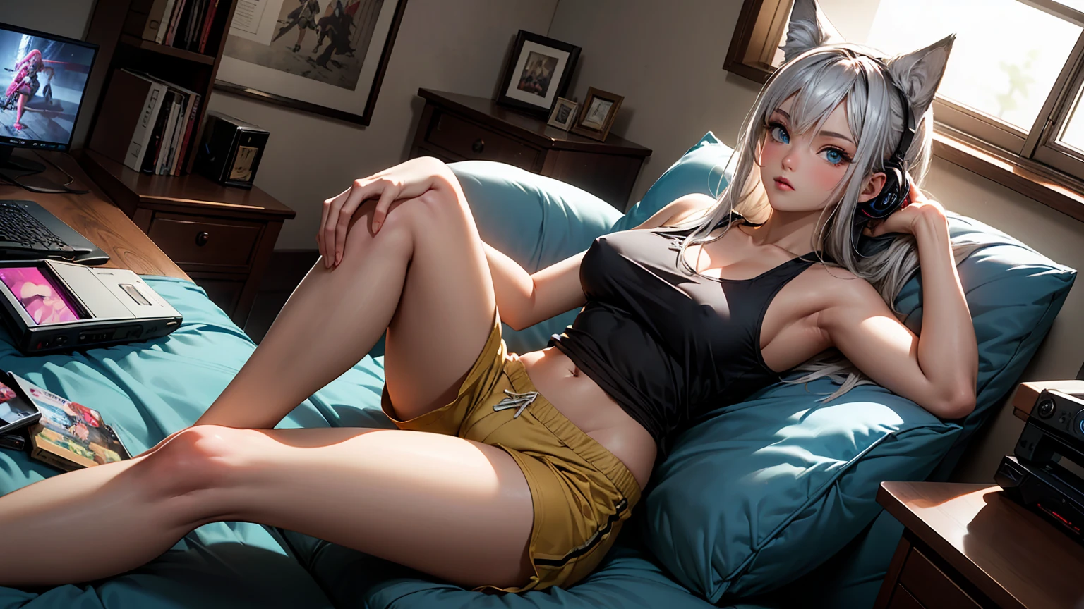 Create a high-quality image of a stunning 18-year-old wolf girl with tan skin. She has long silverish hair and captivating blue eyes, wearing a see-through tank top that shows her midriff barely covers her nipples and tight sleep shorts. She is sitting on the edge of her bed in a dimly lit, modern room with the window open, letting in a gentle night breeze. Her posture is alluring, with one leg bent up and the other stretched out, facing the camera seductively. The room is decorated with modern nerdy items, showcasing her love for video games and anime, including a high-end gaming PC, sleek gaming desk, ergonomic gaming chair, and the latest gaming console, as well as stylish anime posters and figurines. The overall ambiance is cozy and intimate, with intricate details enhancing the high-quality visual artistry.