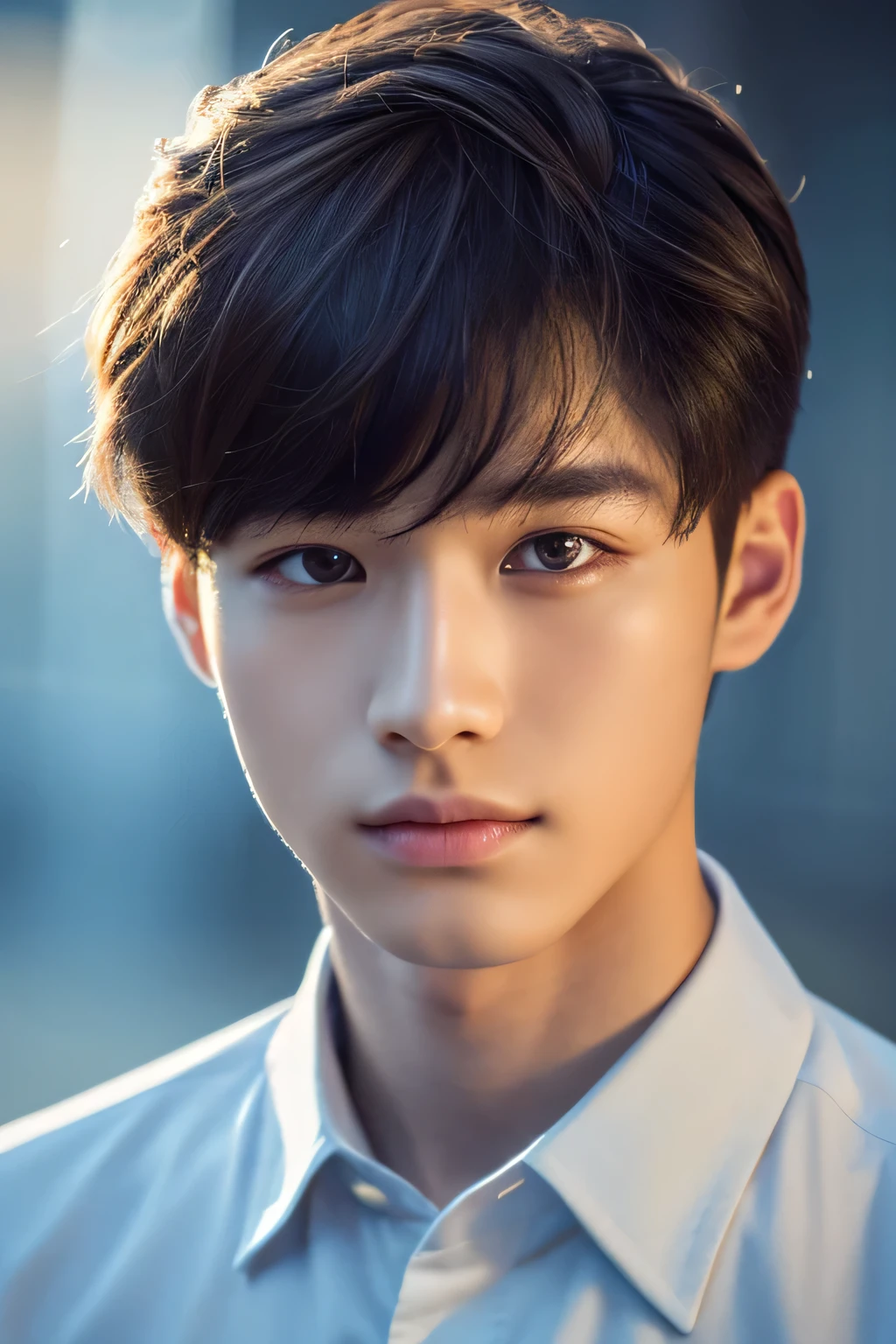 Highest quality, masterpiece, Ultra-high resolution, (Realistic: 1.4), Original photo, wallpaper, Head Photo, skin, Simple Background, Iris, detailed, Selfie, 1 boy, 18-year-old, good looking, Wind,night、Dress shirt