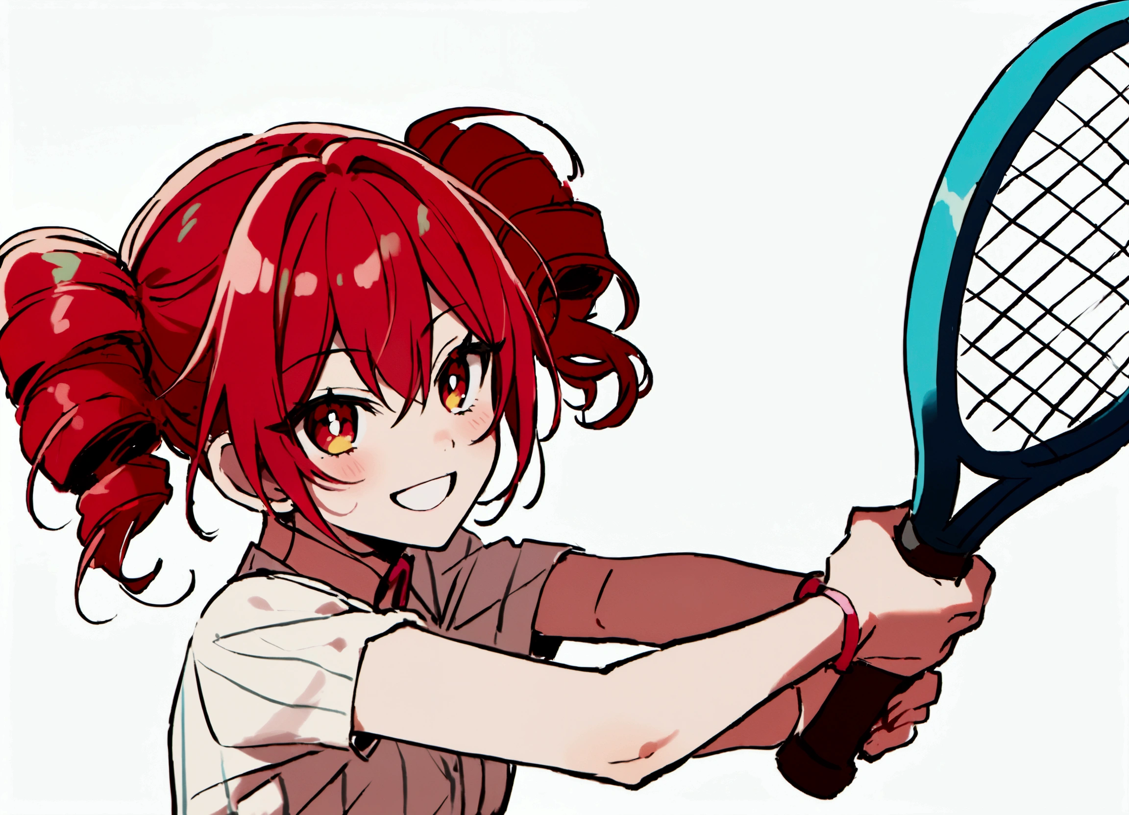 Red hair, plays tennis, smiles