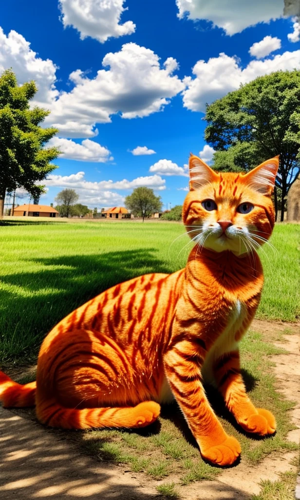 orange cat , outdoor, blue sky, cloud day, day,