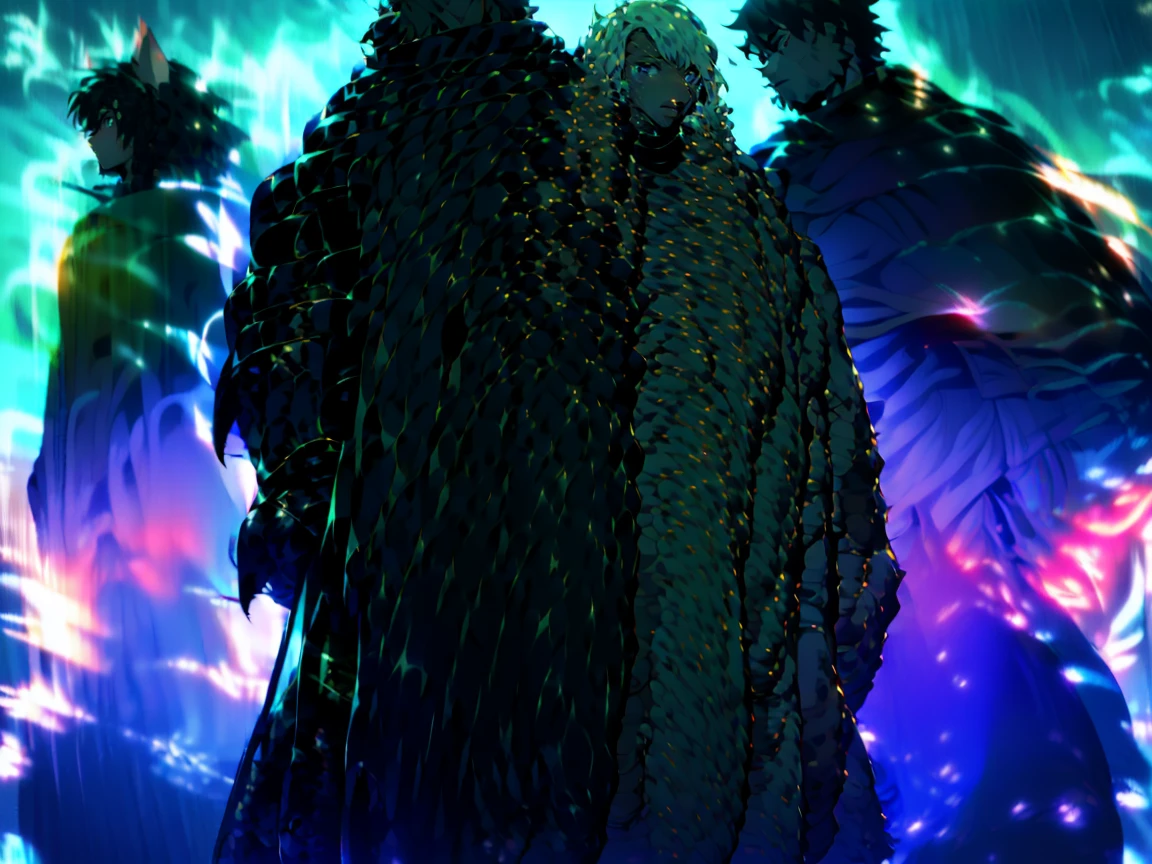 All staff side,walk,Anime style,Dark scene,Large background light source,five characters,The first one:hairy,,Young Style,Handsome,Bright Eyes,Male wolf,Dark blue hair,White hair on the face,Blue Eyes ,Yellow ear hair,Yellow hair around eyes,Tail blue and white,Gray blue coat,Casual shorts,With a hood,Height 1.6 meters,Calm。The second:hairy,15 years old,Lovely,Male cats,White eyes,Blonde hair,White hair on face,Yellow and white tail,Grey short-sleeved shorts,casual-style,Height 1.6 meters,Wearing a cape,optimistic。The third:Furry Anthropomorphic,Deep eyes,16 years old,Handsome,Ma-black hair,Big gray tail,Wrapped in a black scarf,Wearing a grey coat,Hands in pockets,trousers,Height 1.7 meters,mysterious,Calm。The fourth:Furry Anthropomorphic,Bright Eyes,15 years old,Lovely,Male cats,White r,White eyes,Height 1.6 meters,There are several black tree-like lines on the face,Blue windbreaker and shorts,The tail is slightly pale white,Calm。Fifth:Male yellowish white fur, 17 years old,blue eyes, White hair (long), Wearits and boxer shorts, Casual Clothing, Young Style, Height 1.7 meters, Handsome, Has a tail,Bright Eyes。