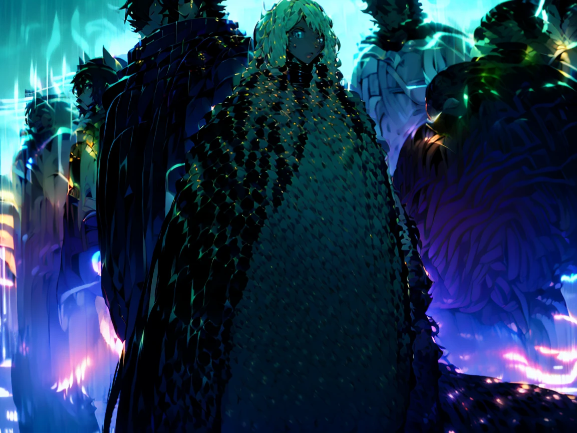 All staff side,walk,Anime style,Dark scene,Large background light source,five characters,The first one:hairy,16 years old,Young Style,Handsome,Bright Eyes,Male wolf,Dark blue hair,White hair on the face,Blue Eyes ,Yellow ear hair,Yellow hair around eyes,Tail blue and white,Gray blue coat,Casual shorts,With a hood,Height 1.6 meters,Calm。The second:hairy,15 years old,Bright Eyes,Lovely,Male cats,White eyes,Blonde hair,White hair on face,Yellow and white tail,Grey short-sleeved shorts,casual-style,Height 1.6 meters,Wearing a cape,optimistic。The third:Furry Anthropomorphic,Deep eyes,16 years old,Handsome,Male wolf,Gray-black hair,Big gray tail,Wrapped in a black scarf,Wearing a grey coat,Hands in pockets,trousers,Height 1.7 meters,mysterious,Calm。The fourth:Furry Anthropomorphic,Bright Eyes,15 years old,Lovely,Male cats,White hair all over,White eyes,Height 1.6 meters,There are several black tree-like lines on the face,Blue windbreaker and shorts,The tail is slightly pale white,Calm。Fifth:Male yellowish white fur, 17 years old,blue eyes, White hair (long), Wearing blue shorts and boxer shorts, Casual Clothing, Young Style, Height 1.7 meters, Handsome, Has a tail,Bright Eyes。