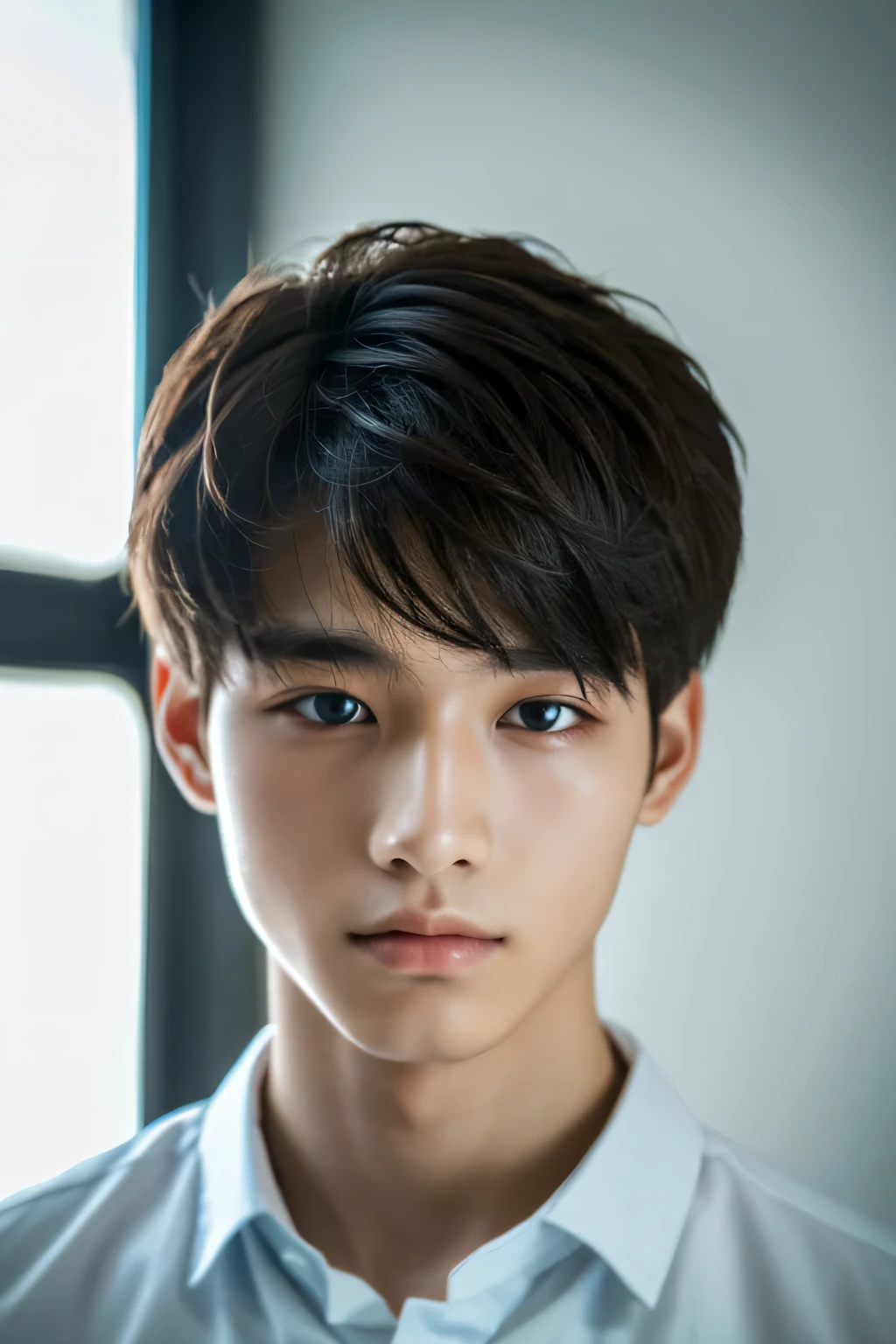 Highest quality, masterpiece, Ultra-high resolution, (Realistic: 1.4), Original photo, wallpaper, Head Photo, skin, Simple Background, Iris, detailed, Selfie, 1 boy, 18-year-old, good looking, Wind,shirt