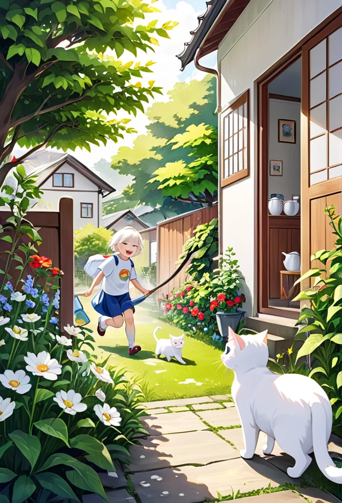 White cat Milk overcomes illness、Enjoying new adventures with family。Milk runs around energetically in the garden and around the house.、The family is watching with joy。Milk&#39;s adventurous spirit is overflowing、A more fulfilling day than ever before々Please describe how you spend your time。