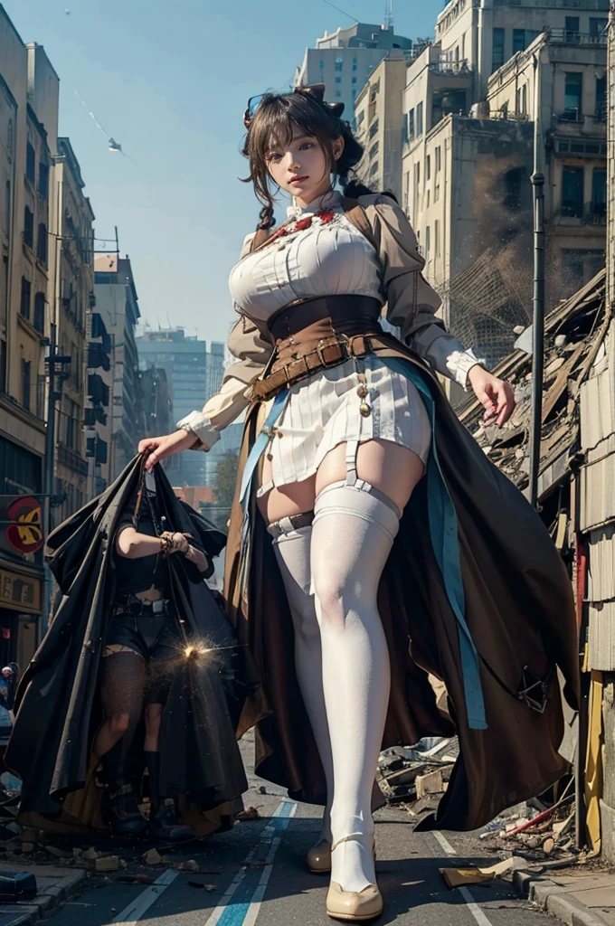 looking at the camera、steampunk、Standing on top of a ruined building、Big building explosion、The building collapses、Urban hustle and bustle、Traffic jam、City of Rubble、street tree、Car and bus、truck、taxi、City boulevard、Pedestrian bridge、Streetcar route((((Azur Lane Cheshire Cosplay))))、Frilled maid outfit、((Super huge breasts))、((Plump thighs))、Ground View,City of Giants,500 foot tall giant girl,skyscraper,Has super long legs,Step into the crowd,There are many people on the street,Knee-high socks,A happy look,Standing on the ruins,Beautiful appearance,Exquisite makeup,quality,8k,高quality,Perfect Proportions, Cinema Lighting,Film Grain,The Colors of Fuji,8k,Textured skin,Super Detail,High detail,high quality,High resolution,explode,False Smile、Reaching out