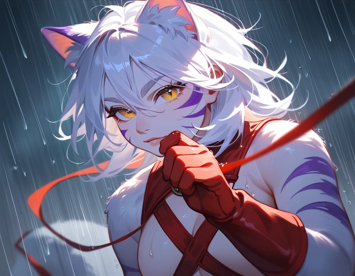 (score_9,score_8_up,score_7_up,score_6_up,score_5_up,score_4_up)White cat monster with purple stripes and bright yellow and red gloves in rain art style