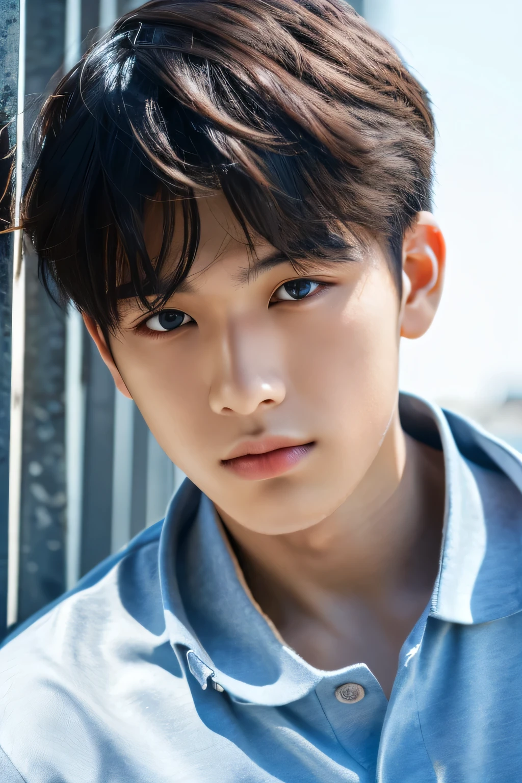 Highest quality, masterpiece, Ultra-high resolution, (Realistic: 1.4), Original photo, wallpaper, Head Photo, skin, Simple Background, Iris, detailed, Selfie, 1 boy, 18-year-old, good looking, Wind,shirt