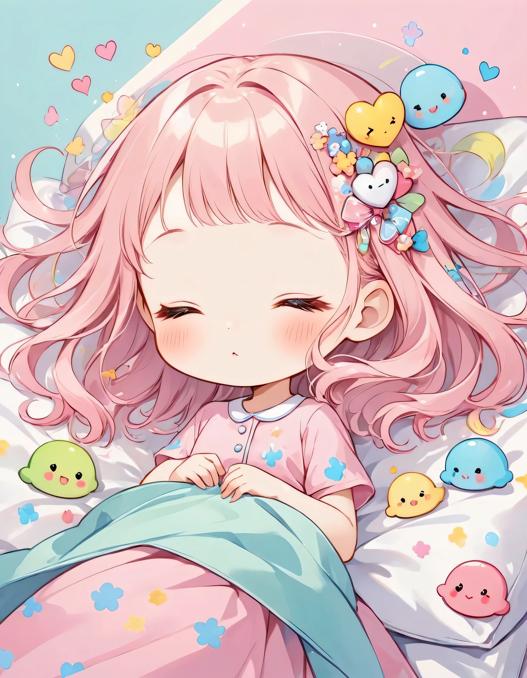 Momoko Sakura pastel color style, Simple Line Initialism,Abstract art,(((The most beautiful girl of all time))), chibi, Sweet face. colorful hearts, kawaii design, (((nap))), hospital bed, Cute Aliens