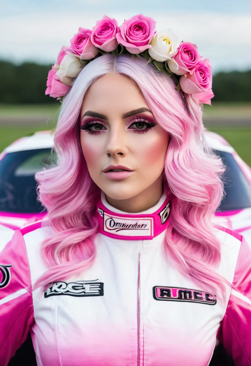 Gothicwomen model pink and white ombre hair in a Pink racecar suit looking straight wearing a pink and white roses crown