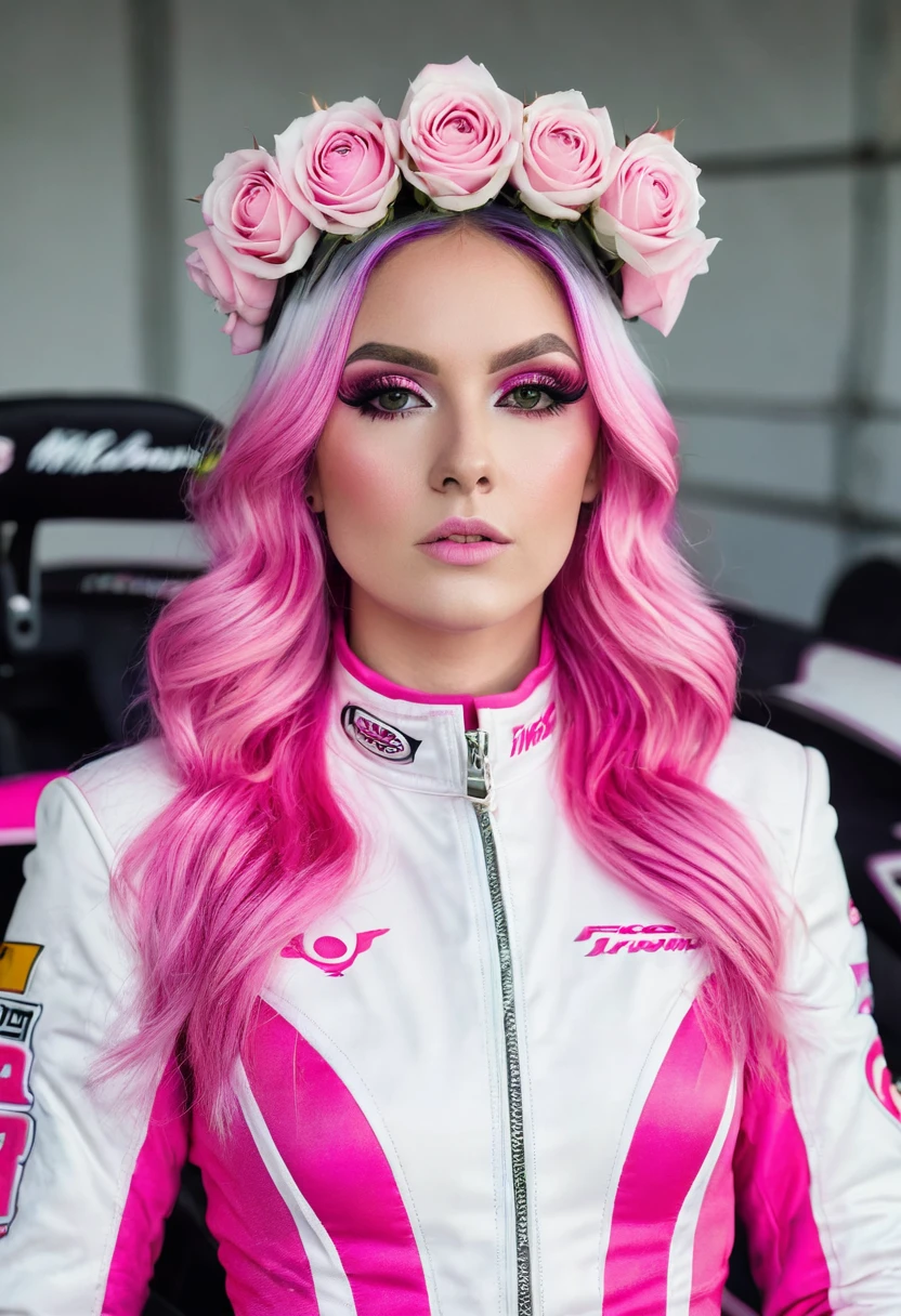Gothicwomen model pink and white ombre hair in a Pink racecar suit looking straight wearing a pink and white roses crown