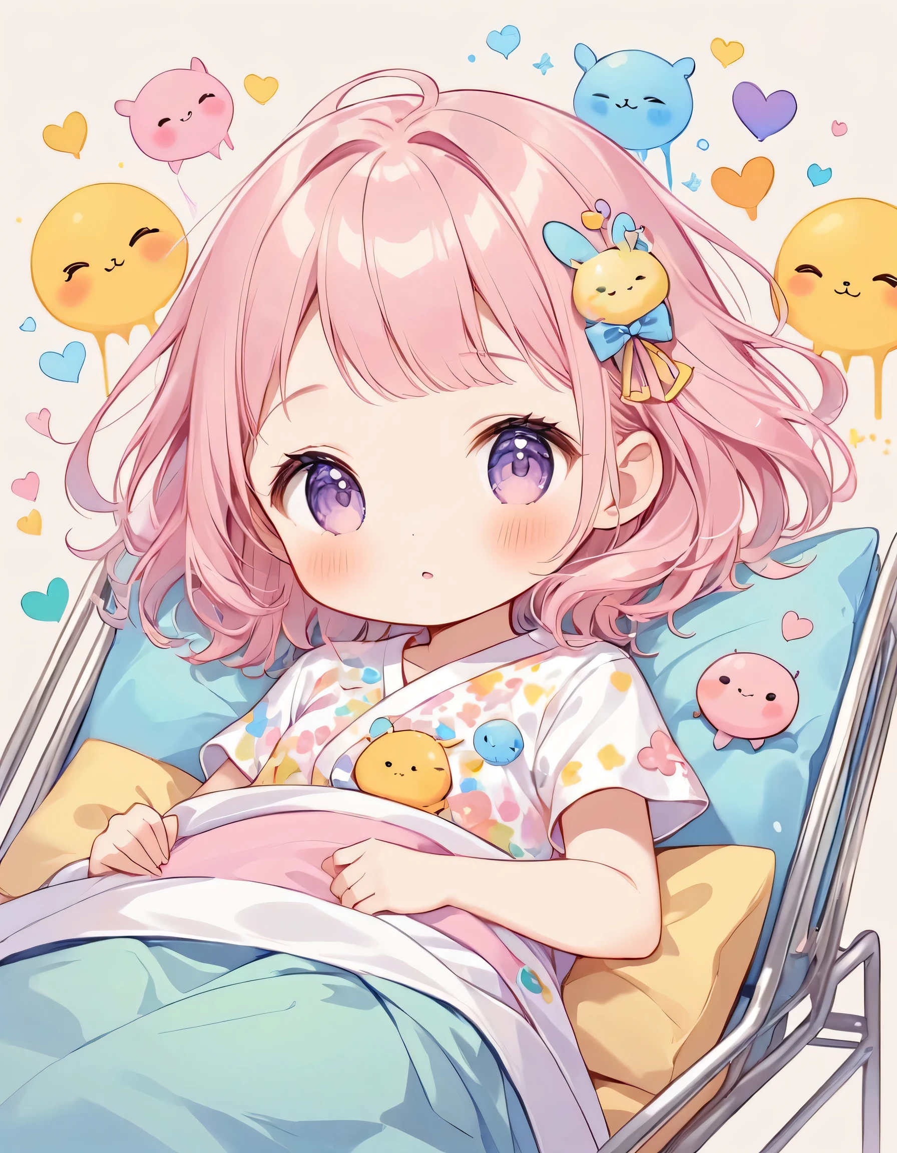 Momoko Sakura pastel color style, Simple Line Initialism,Abstract art,(((The most beautiful girl of all time))), chibi, Sweet face. colorful hearts, kawaii design, (((nap))), hospital bed, Cute Aliens