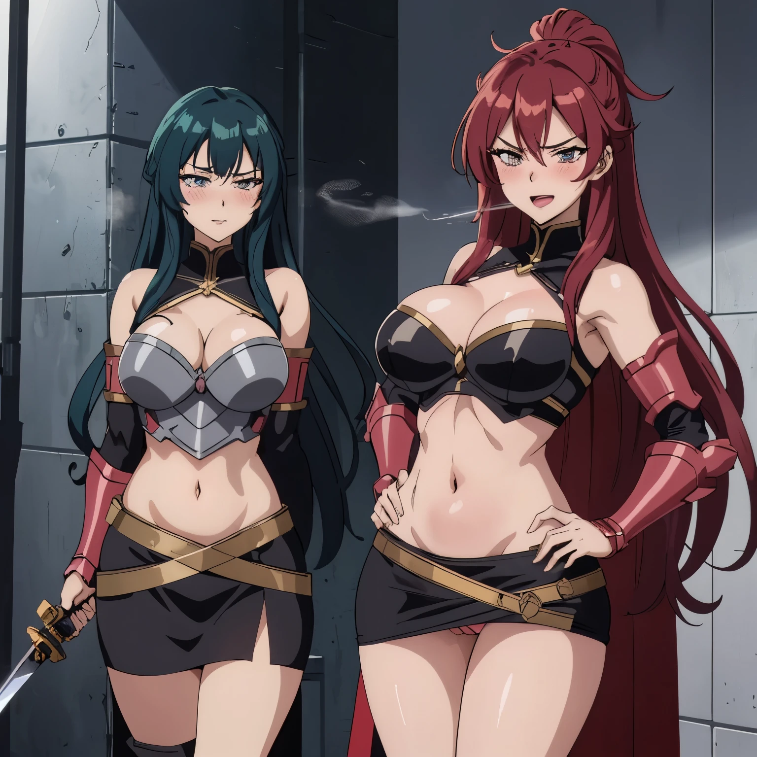 2girl, two girls, big breasts, blush, perfect quality, blush, lipstick, long hair, eyes ,Hot girl, baddie, staring, glaring, bad attitude, mean girl, dare, angry, hate,zy, sm, sensual, attractive, masterpiece, best quality, highly detailed, fantasy , a anime girls in armored dress holding a sword
posing for a picture, evil smile, smile, open mouth, breastplate with open cleavage, cleavage, warrior
outfit, ecchi anime style, anime girls, ecchi style, (nsfw) not safe work, ecchi, digital anime art!!, in
anime style, official artwork, visual novel cg, beautiful anime girl, anime style 4 k , loincloth, exposed
belly, exposed navel, exposed midriff, exposed lower belly, pencil skirt armored, castle,inside castle,
