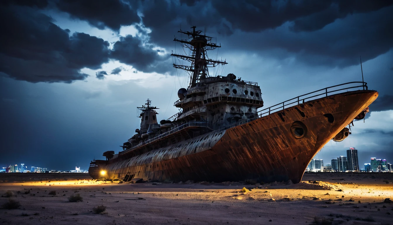 abandoned rusty big warship, post apocalyptic, night desert dark cloudy, plane, and city in the background