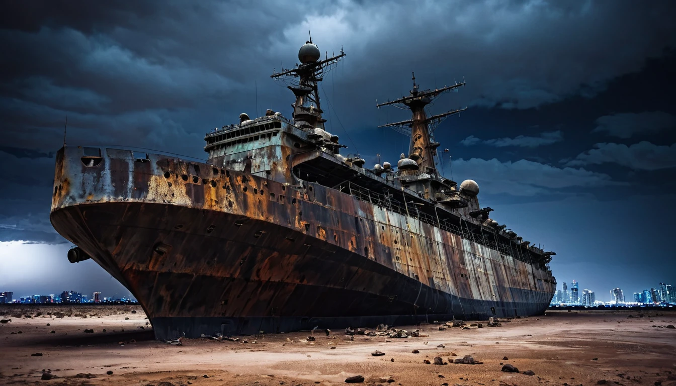 abandoned rusty big warship, post apocalyptic, night desert dark cloudy, plane, and city in the background