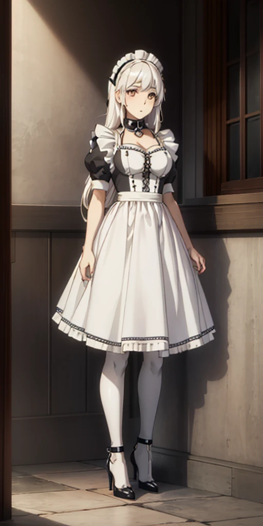 female, standing, right, long_hair, disordered_hair, white_hair, maid in armor, metallic high heels