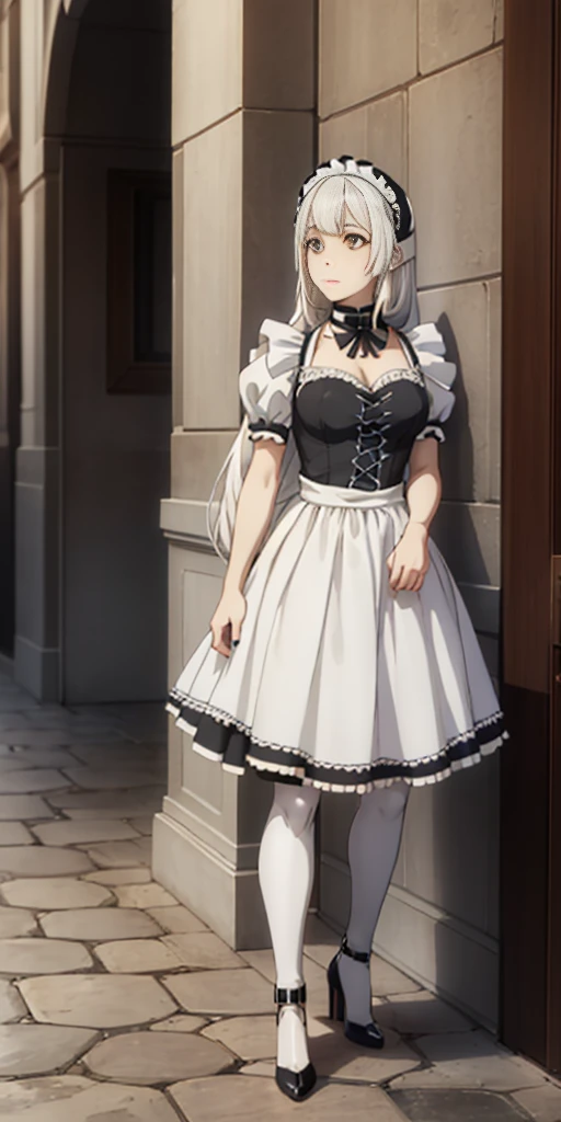 female, standing, right, long_hair, disordered_hair, white_hair, maid in armor, metallic high heels