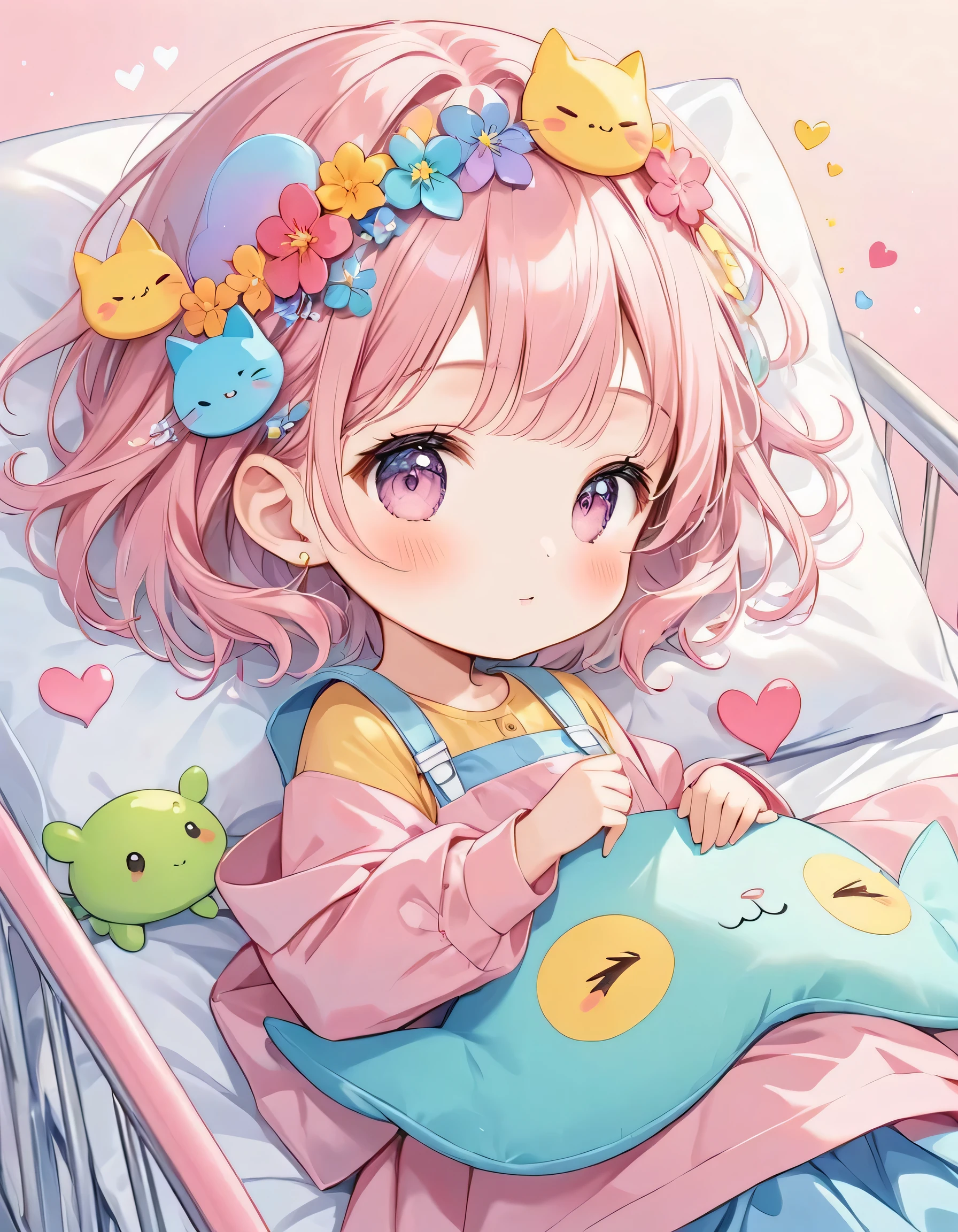 Momoko Sakura pastel color style, Simple Line Initialism，Abstract art，(((The most beautiful girl of all time))), chibi, Sweet face. colorful hearts, kawaii design, (((nap))), hospital bed, Cute Aliens