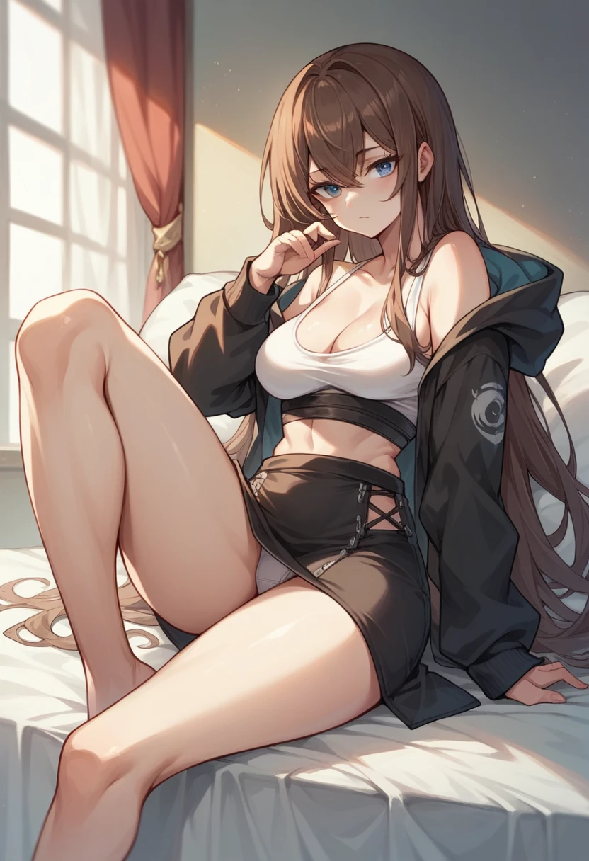 Brown hair long ninja girl hair longer than shoulders Long Hair Wearing a black hoodie and a black skirt White underwear White skin blue eyes With bangs Beautiful face Thin legs A little bit of cleavage is visible sitting on the bed Legs bent to the side Anime Style