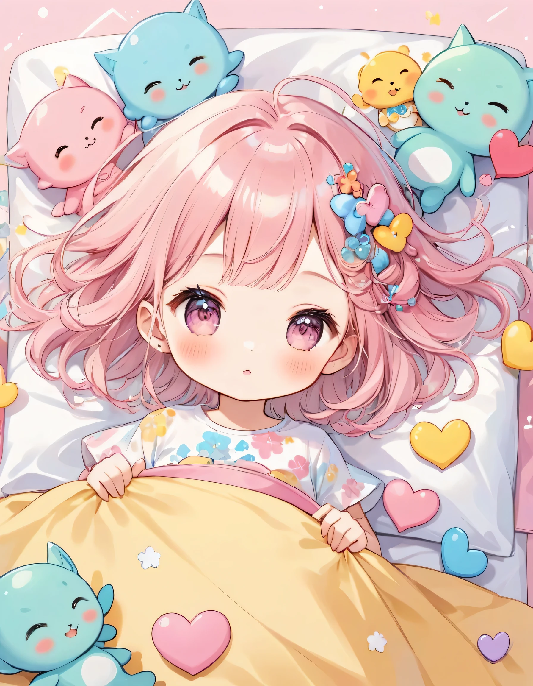 Momoko Sakura pastel color style, Simple Line Initialism，Abstract art，(((The most beautiful girl of all time))), chibi, Sweet face. colorful hearts, kawaii design, (((nap))), hospital bed, Cute Aliens