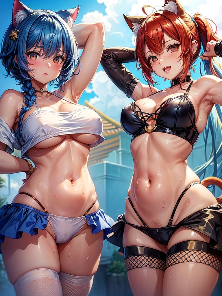 (highest quality)), ((masterpiece)), (family friendly), Perfect Face,Shiny skin,Beautiful breasts,Shiny skin、Kyoto Animation style painting、Short Bob、Cat ear、Double teeth、Sky blue hair color、White tips of hair、Red hairpin on bangs、Golden Eyes、Sunburned skin、night、(((Belly button)))
、Off the shoulder、Fishnet tights、(((Sweat)))、cyber punk