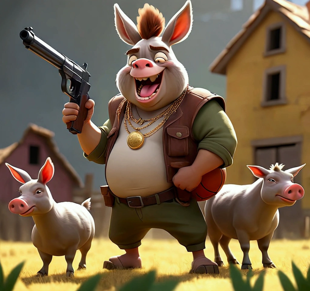 an angry hen with a pistol in her hand and she is coming to the camera, a pig is beside the hen in right hand side and he is angry, pig is fat, pig has a gold thick necklaces, a sunglasses on the pig's eyes, a cigarettes in the ping's mouth, an shotgun in the pig's hand, a donkey is beside the hen and he is in left hand side, donkey is laughing, donkey has a basketball suit, an ak47 in the donkey's hand, the environment is a farm, enemies are surrounded the hen and donkey and ping, enemies are hens and cats.